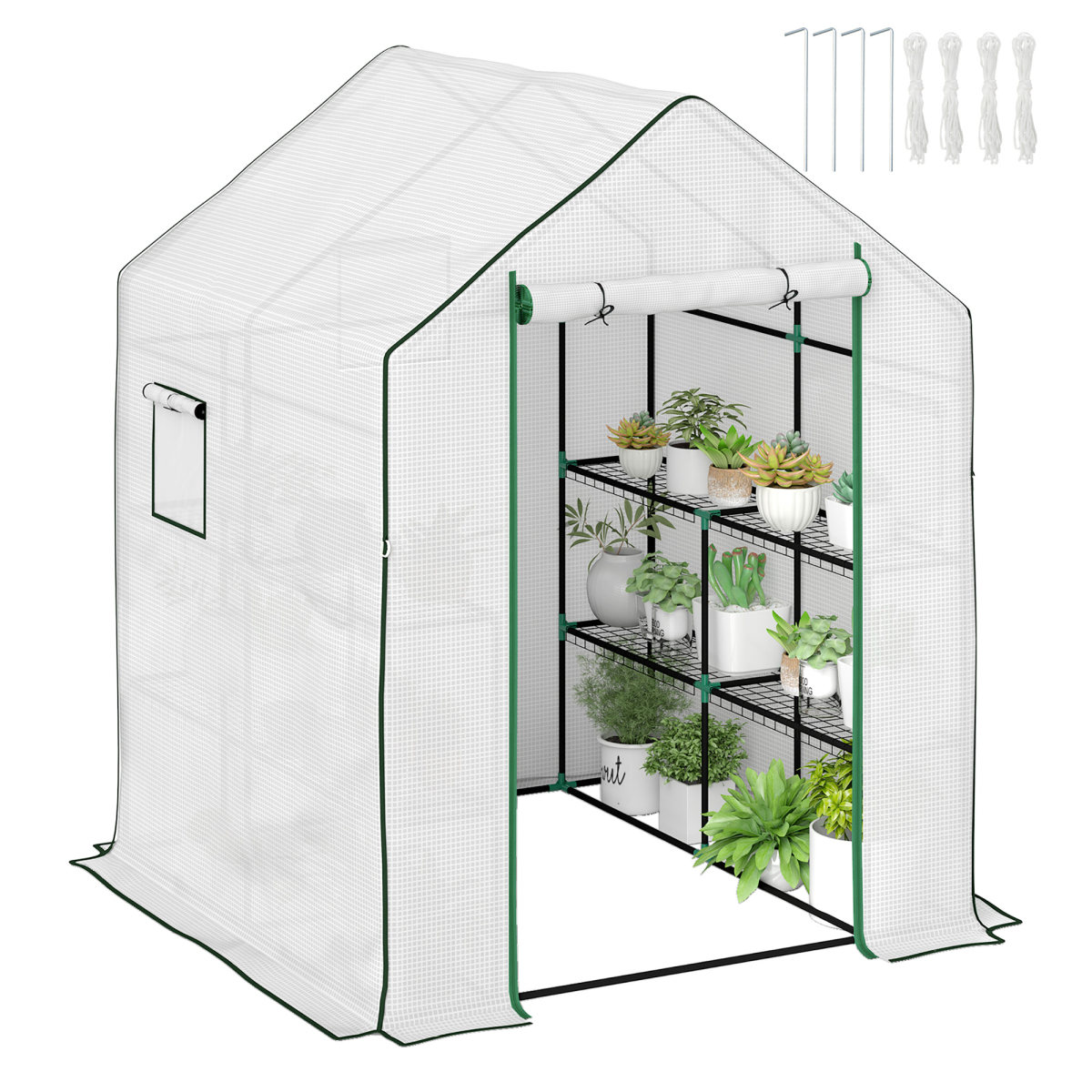 Outsunny Walk-in Greenhouse with 8 Wire Shelves, Roll-up Door & Mesh Windows – Outdoor Plant House, White