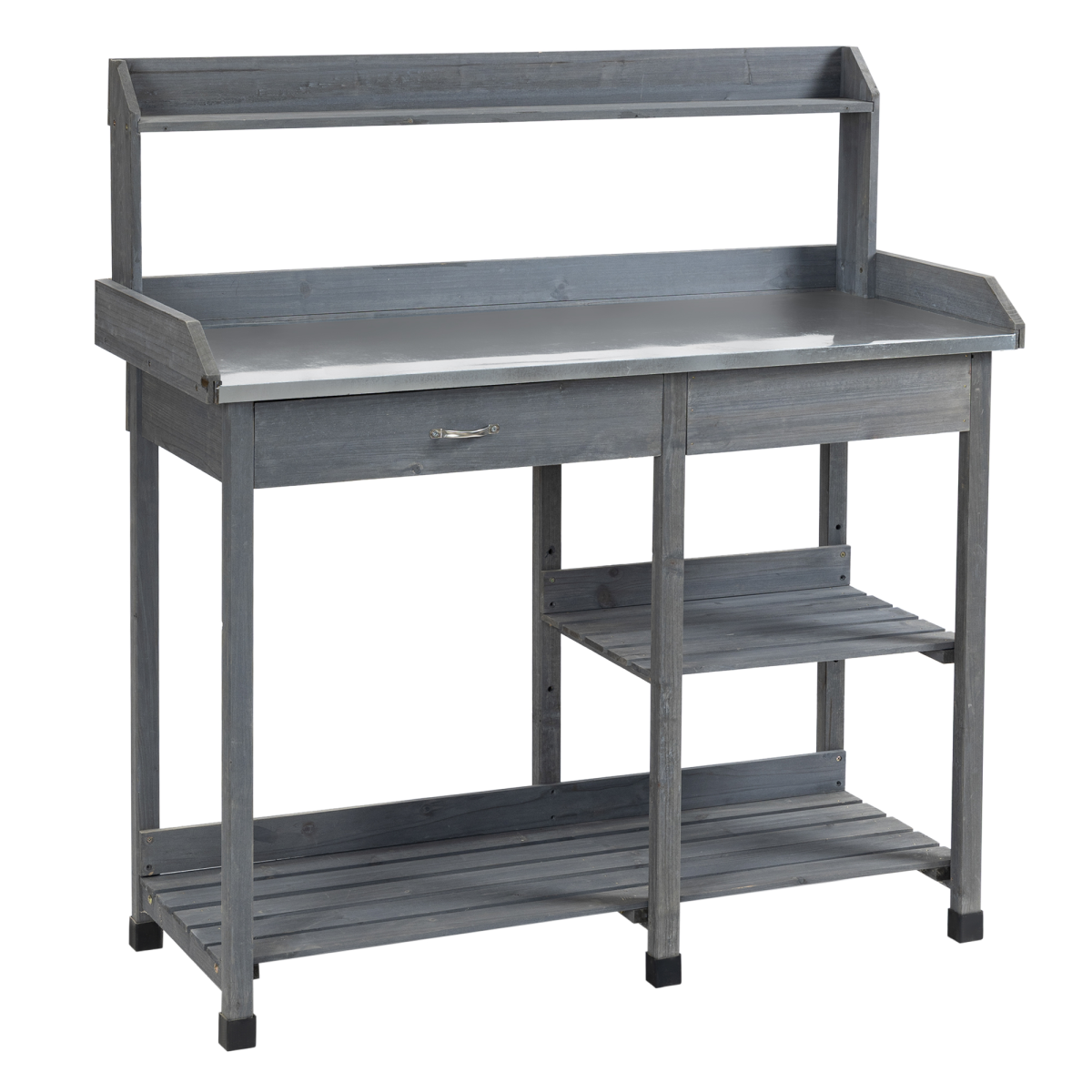 Outsunny Garden Potting Workstation Bench with Galvanised Metal Tabletop, Drawer and Shelves – Solid Wood