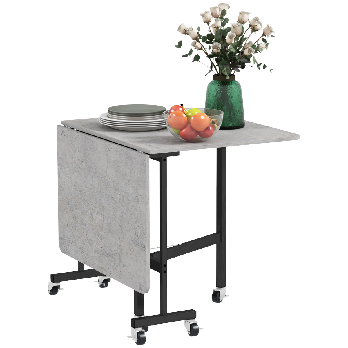 Grey drop leaf table on wheels