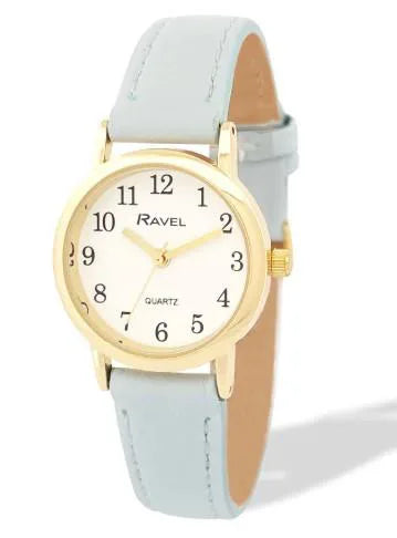 Ravel Ladies Gold-Tone Watch with White Dial and Light Blue Faux Leather Strap, Small Case
