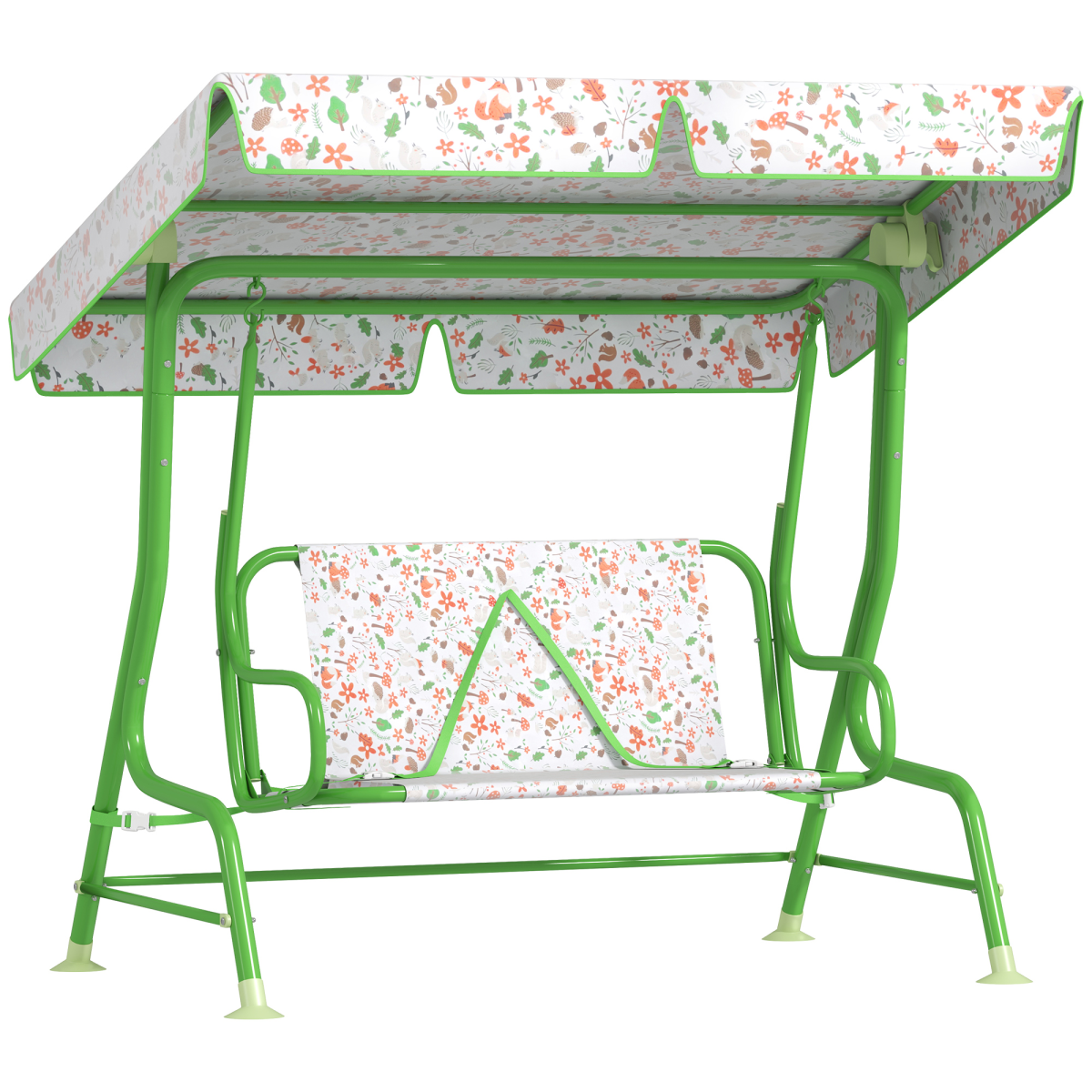 AIYAPLAY Kids Fox Pattern Swing Seat with Adjustable Canopy and Safety Belts – Outdoor Garden Play, Green