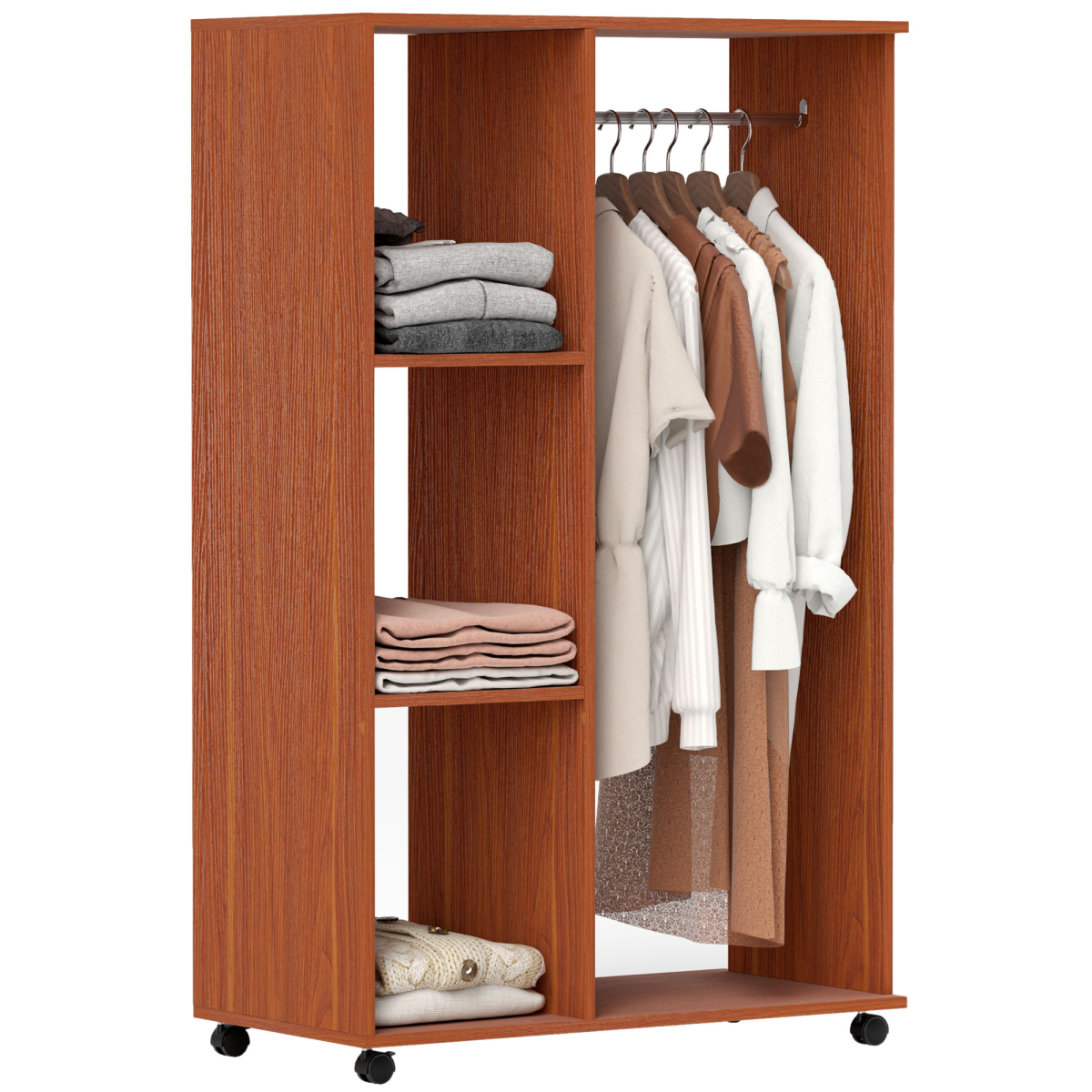 HOMCOM Open Wardrobe with Hanging Rail, 3 Cubbies and Wheels – Mobile Bedroom Storage, Walnut