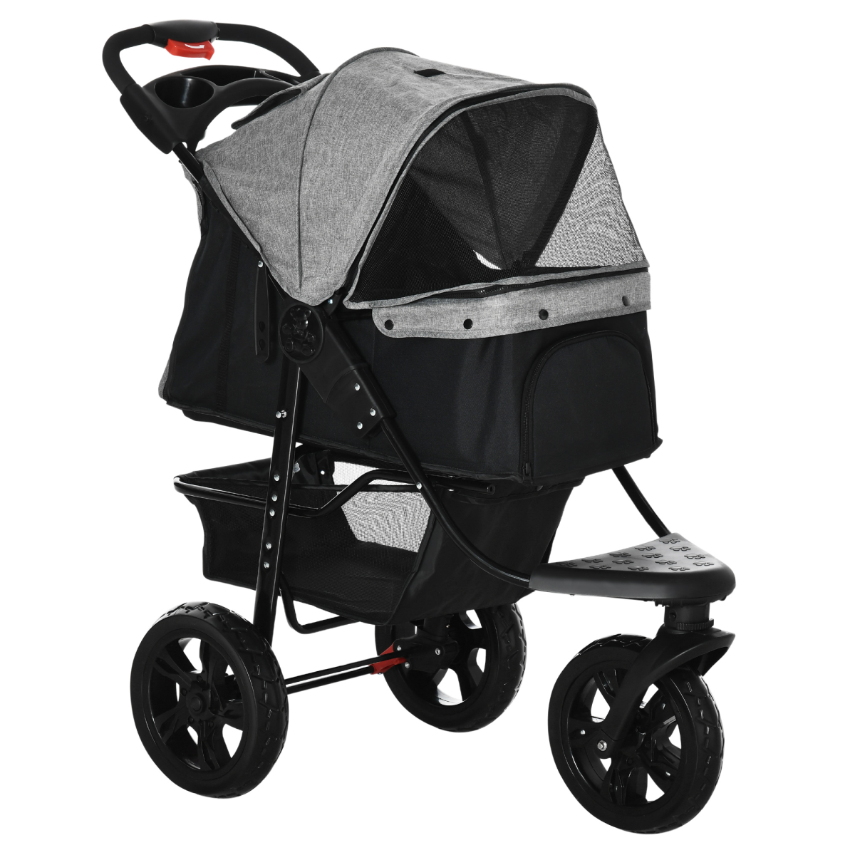 Folding 3-Wheel Pet Stroller with Adjustable Canopy, Storage Basket and Brake – For Small Dogs up to 10kg, Grey