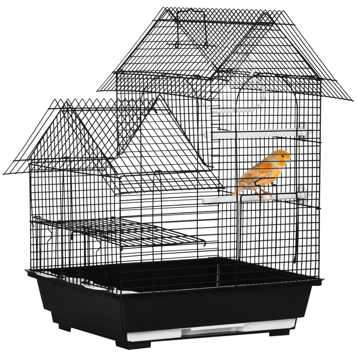 PawHut Metal Bird Cage with Plastic Perch, Food Container, Swing Ring and Handle – Compact Cage, Black