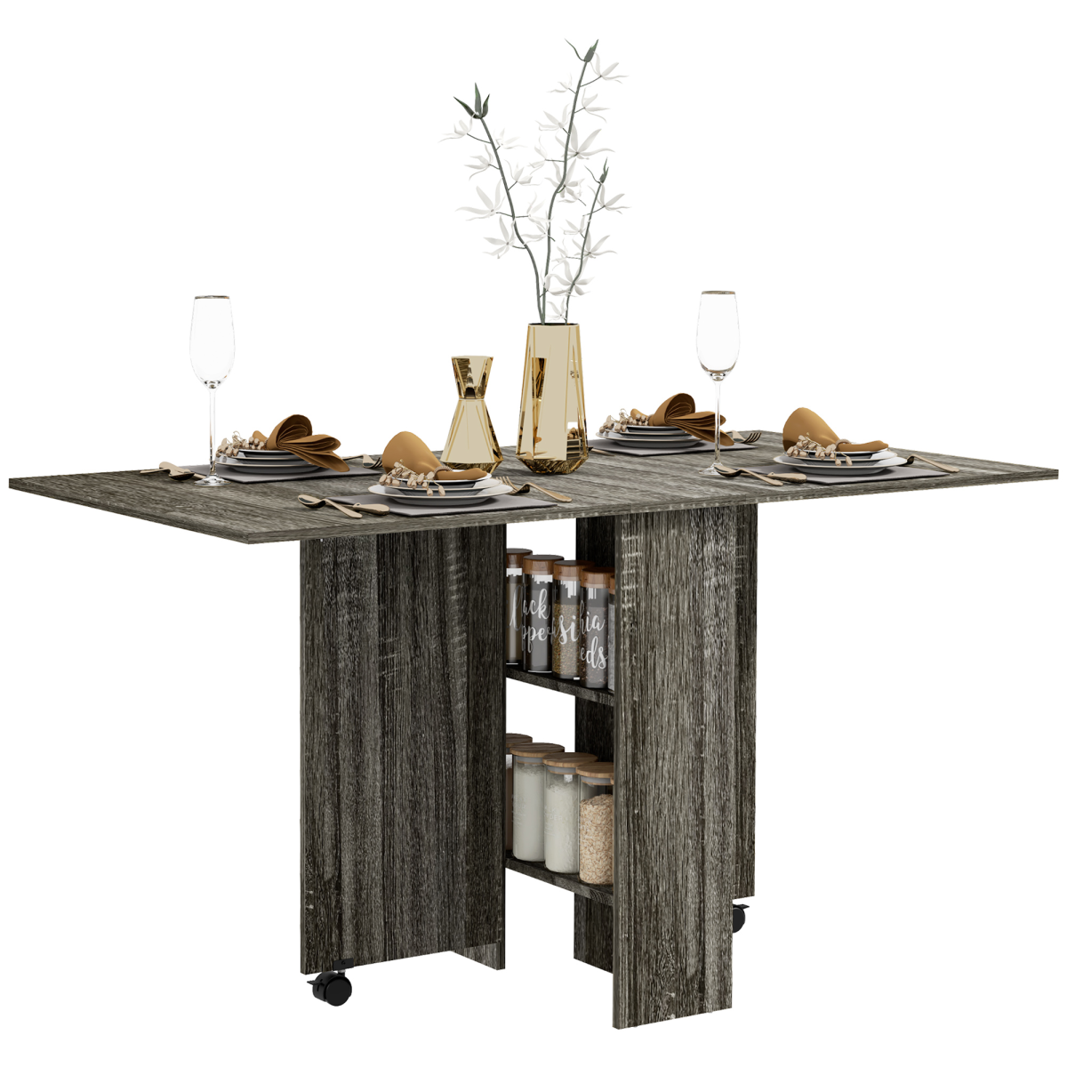HOMCOM Mobile Drop Leaf Dining Table with 2 Storage Shelves and Brake Wheels – Space-Saving Folding Desk, Grey