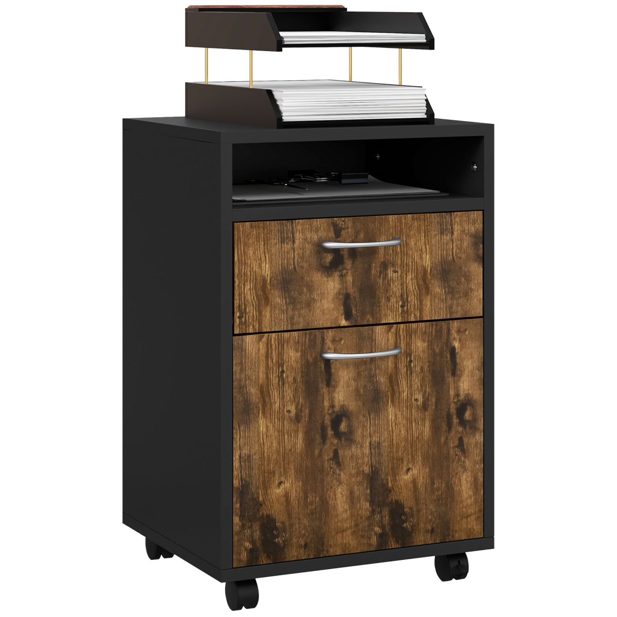 HOMCOM 60cm Mobile Storage Cabinet with Drawers, Open Shelf and Lockable Wheels – Home Office, Rustic Brown