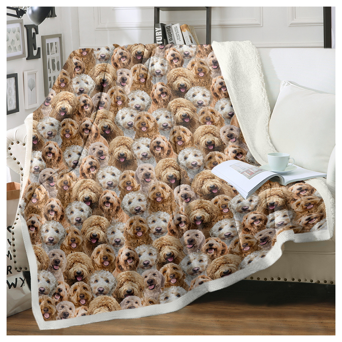 Cockapoo Puppy Print Sherpa Fleece Throw Blanket – Soft Reversible Dog Pattern Blanket for Kids & Adults, 150x200cm