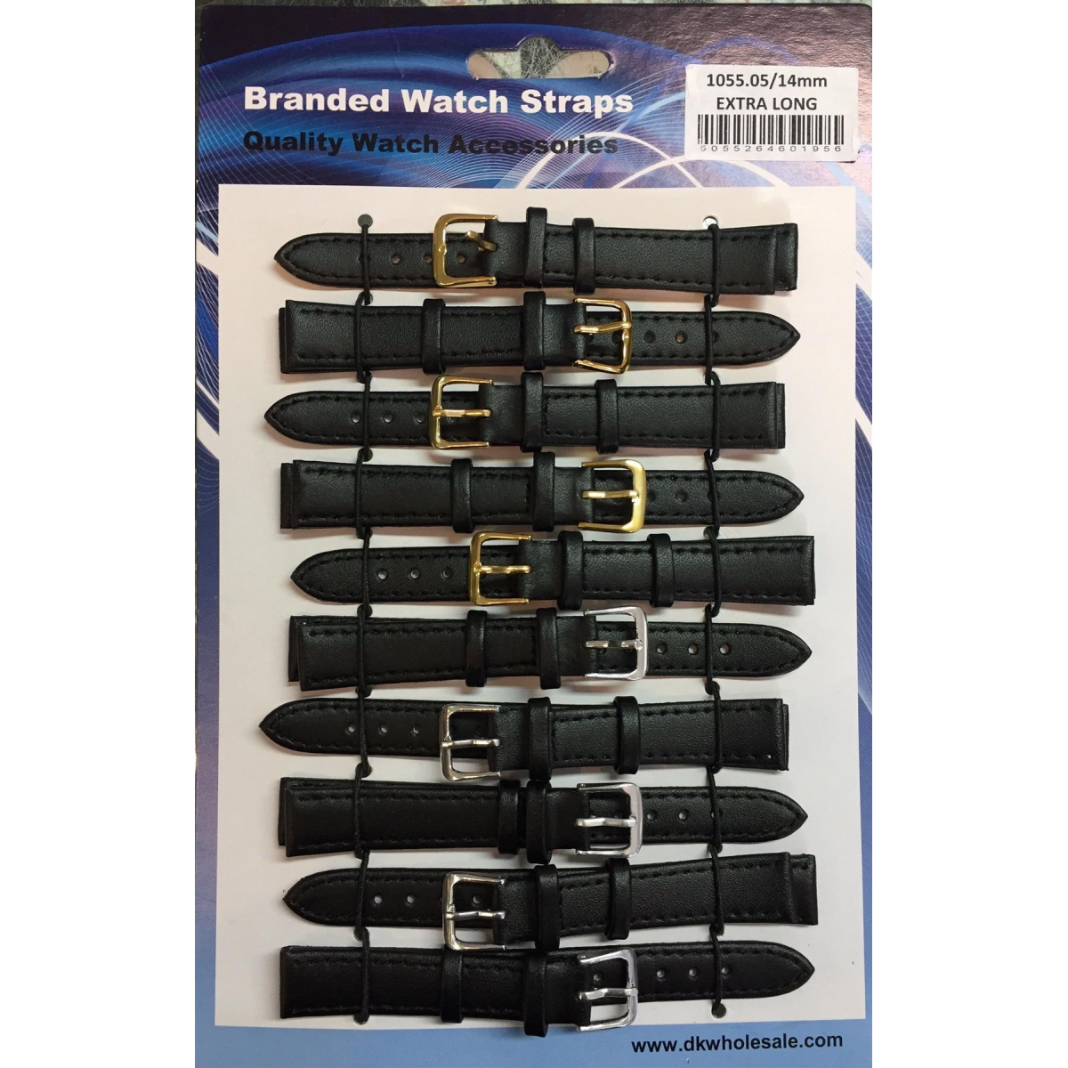Black Leather Extra Long Watch Straps, 14mm Size – Pack of 10 Replacement Watch Bands, Ref. 1055.05