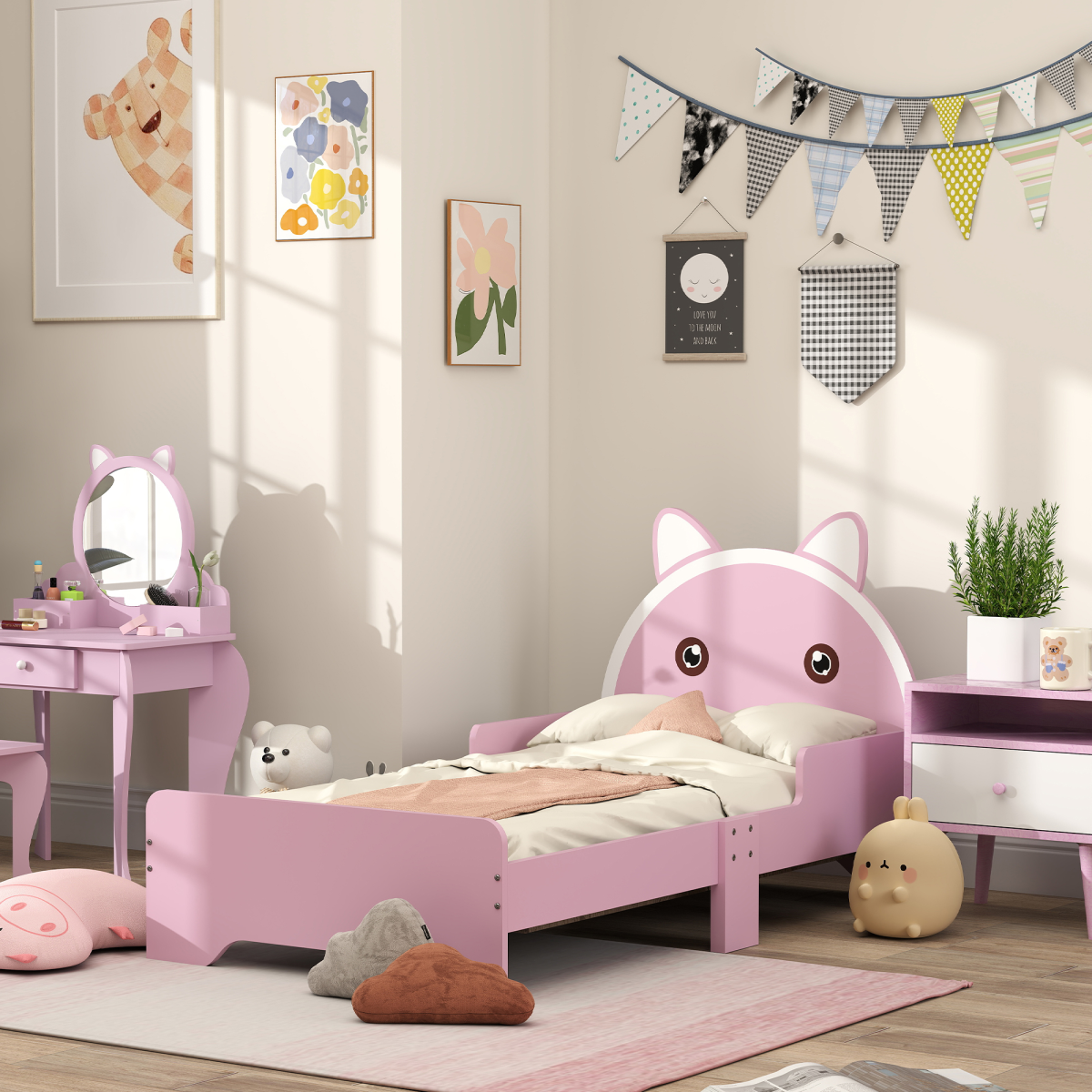 ZONEKIZ Toddler Bed Frame with Cat Design and Guardrails – Low Kids Bed for Ages 3–6, Pink
