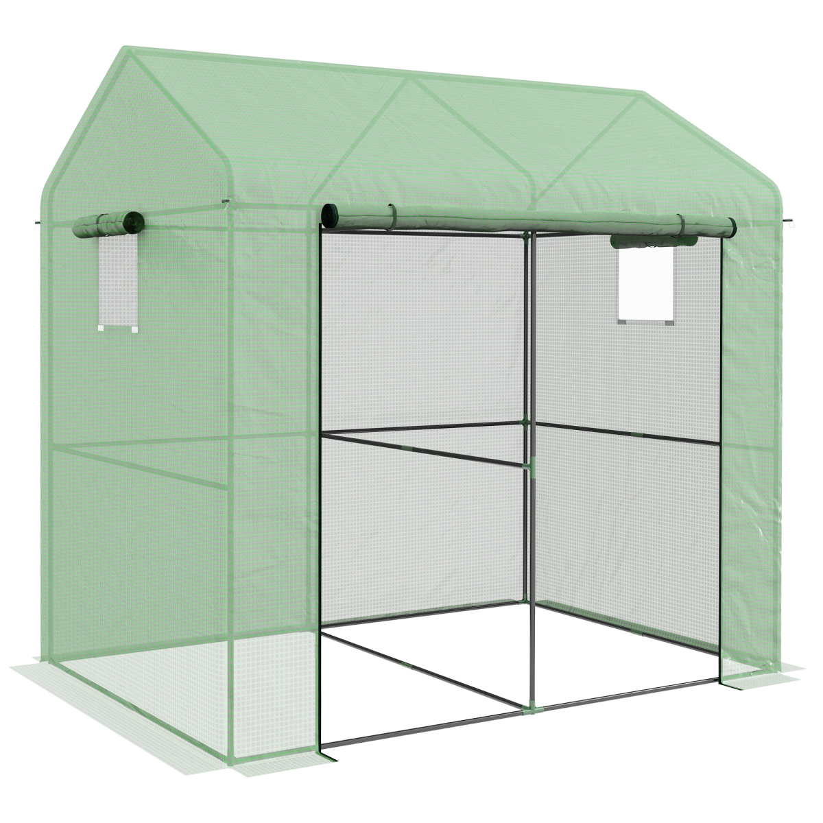 Outsunny 200x140x200cm Walk-In Greenhouse with Roll-Up Door & Mesh Windows – Two-Room Steel Frame Polytunnel, Green
