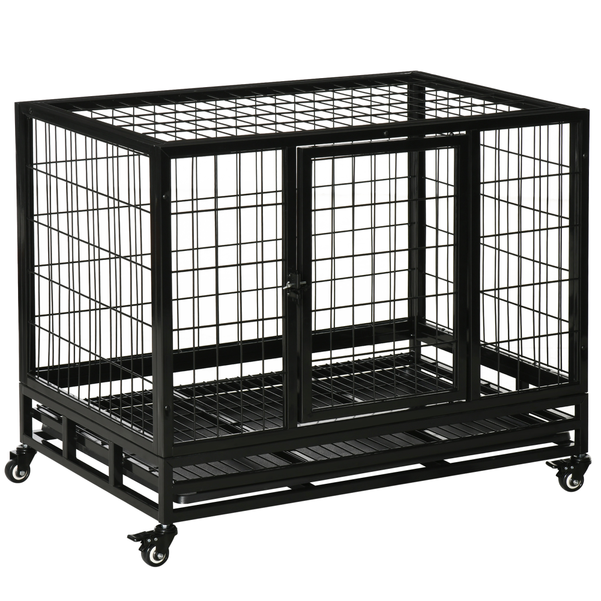Pawhut Heavy Duty Metal Dog Cage with Wheels, Crate Tray and Two Doors – Rust-Resistant Kennel, Black