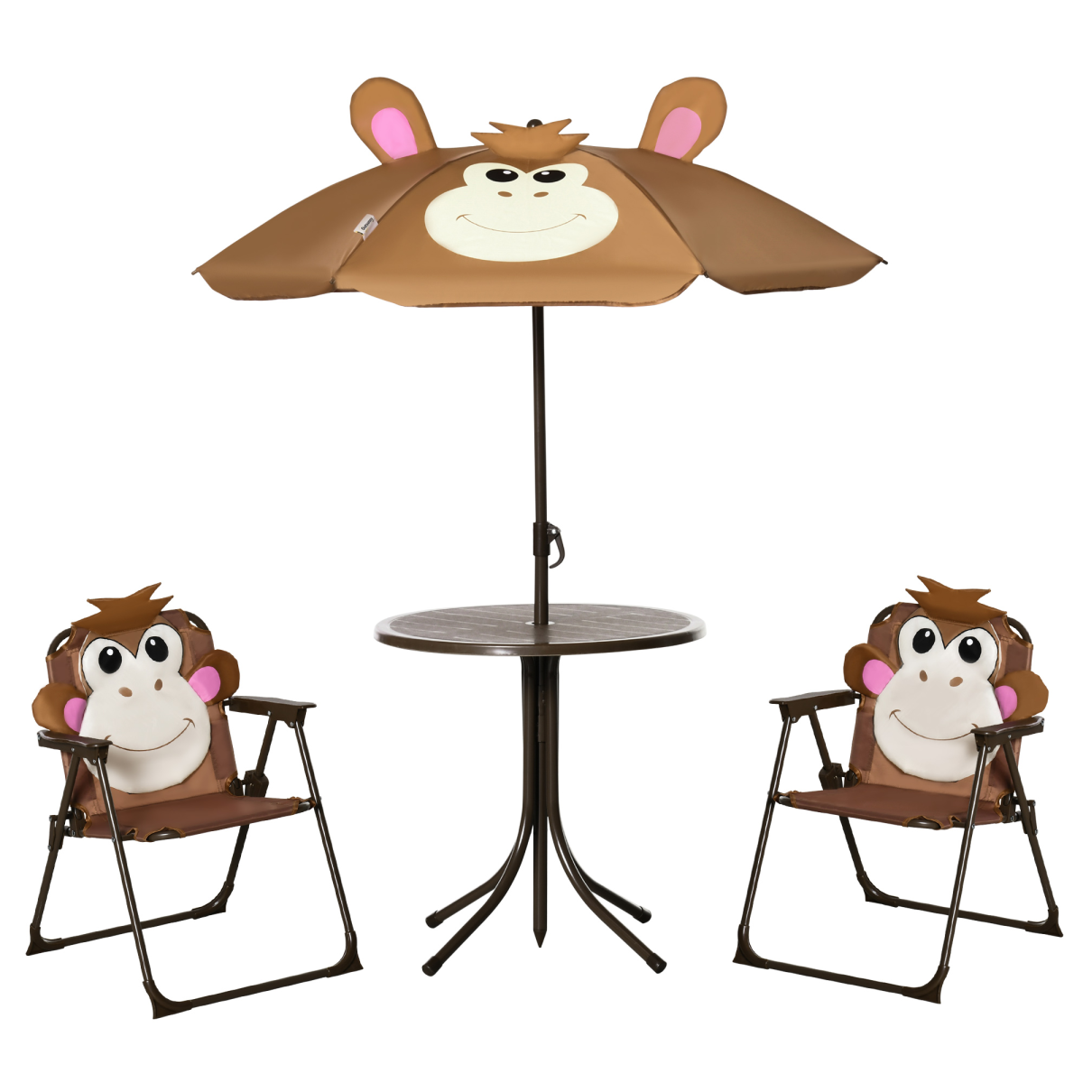Outsunny Kids Foldable Four-Piece Garden Set with Table, Two Chairs and Monkey Umbrella – Ages 3-6