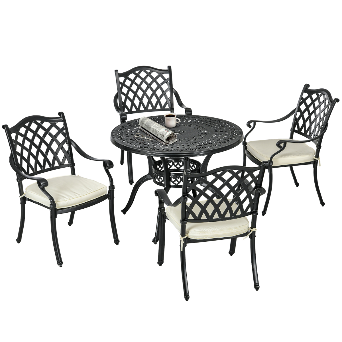 Outsunny 4 Seater Cast Aluminium Dining Set with Round Table, 50mm Parasol Hole & Cushions – Garden Patio, Black & Cream