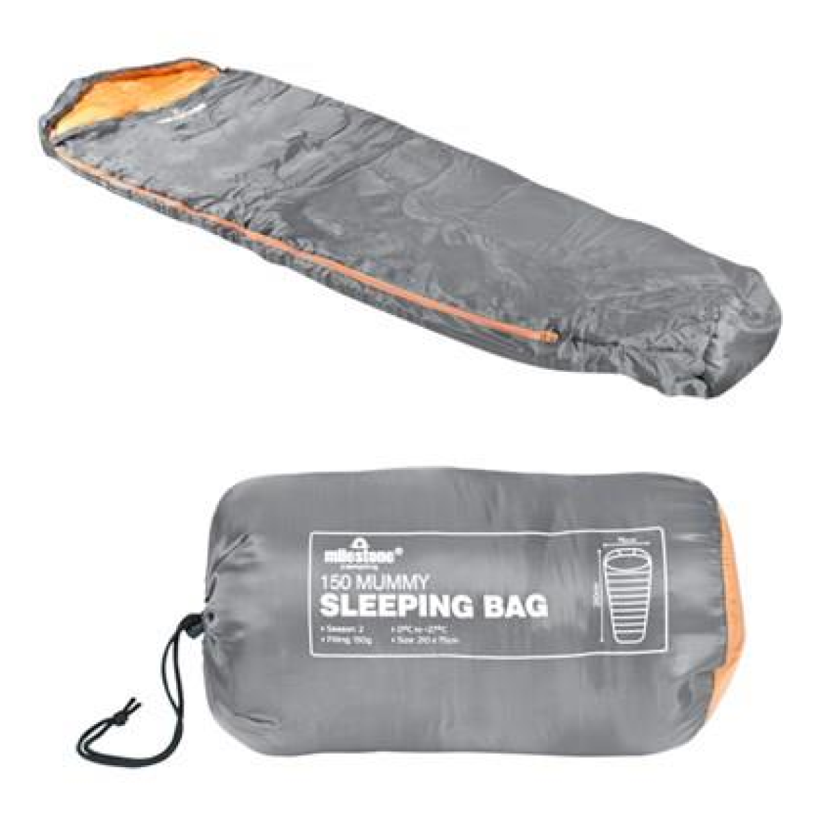 Milestone Mummy Sleeping Bag, Single – 2 Season, 210 x 75cm, Lightweight Camping Sleeping Bag with Carry Bag
