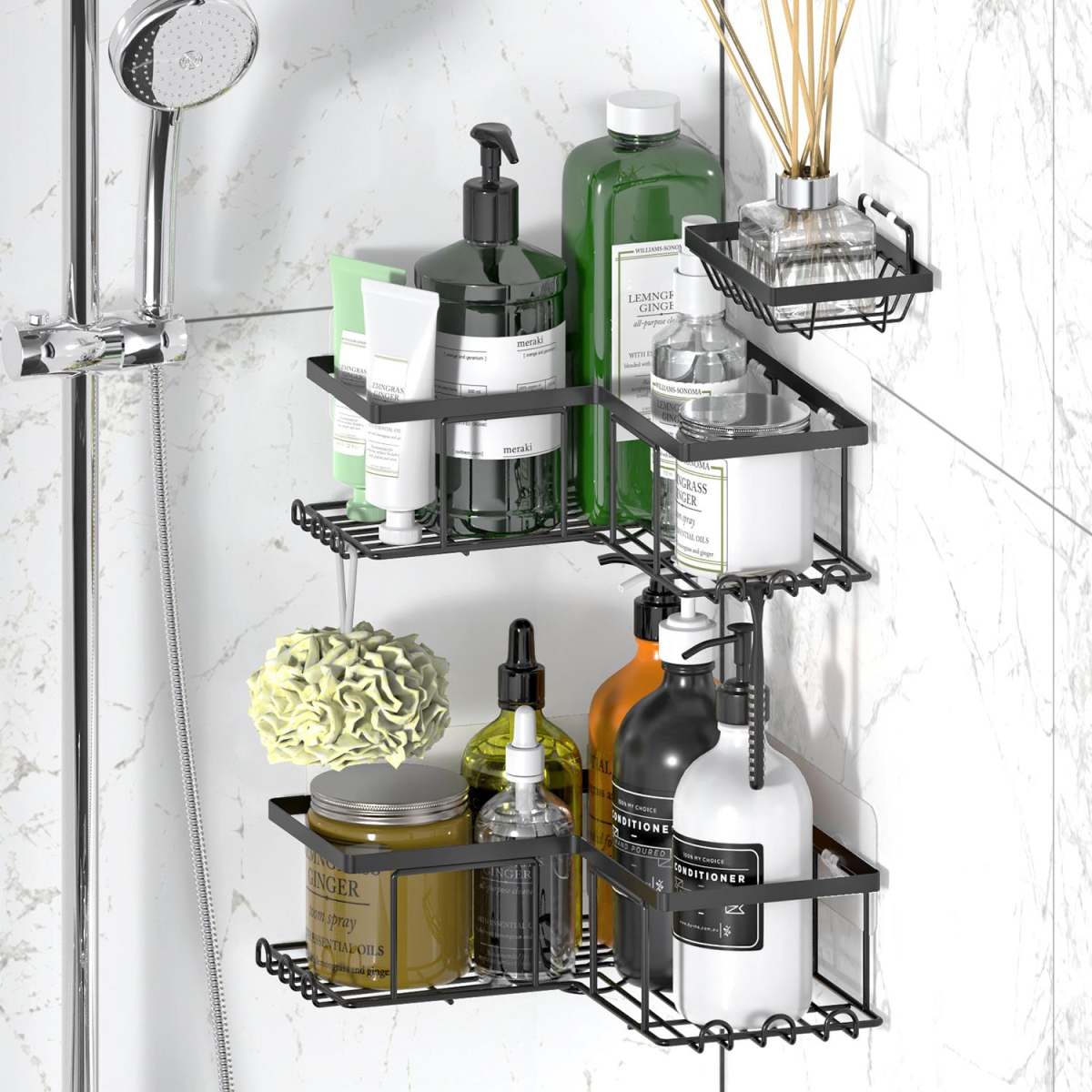 Vinsani 3-Piece Corner Shower Caddy with 6 Hooks & Soap Holder, Rustproof Stainless Steel – No Drilling, Black