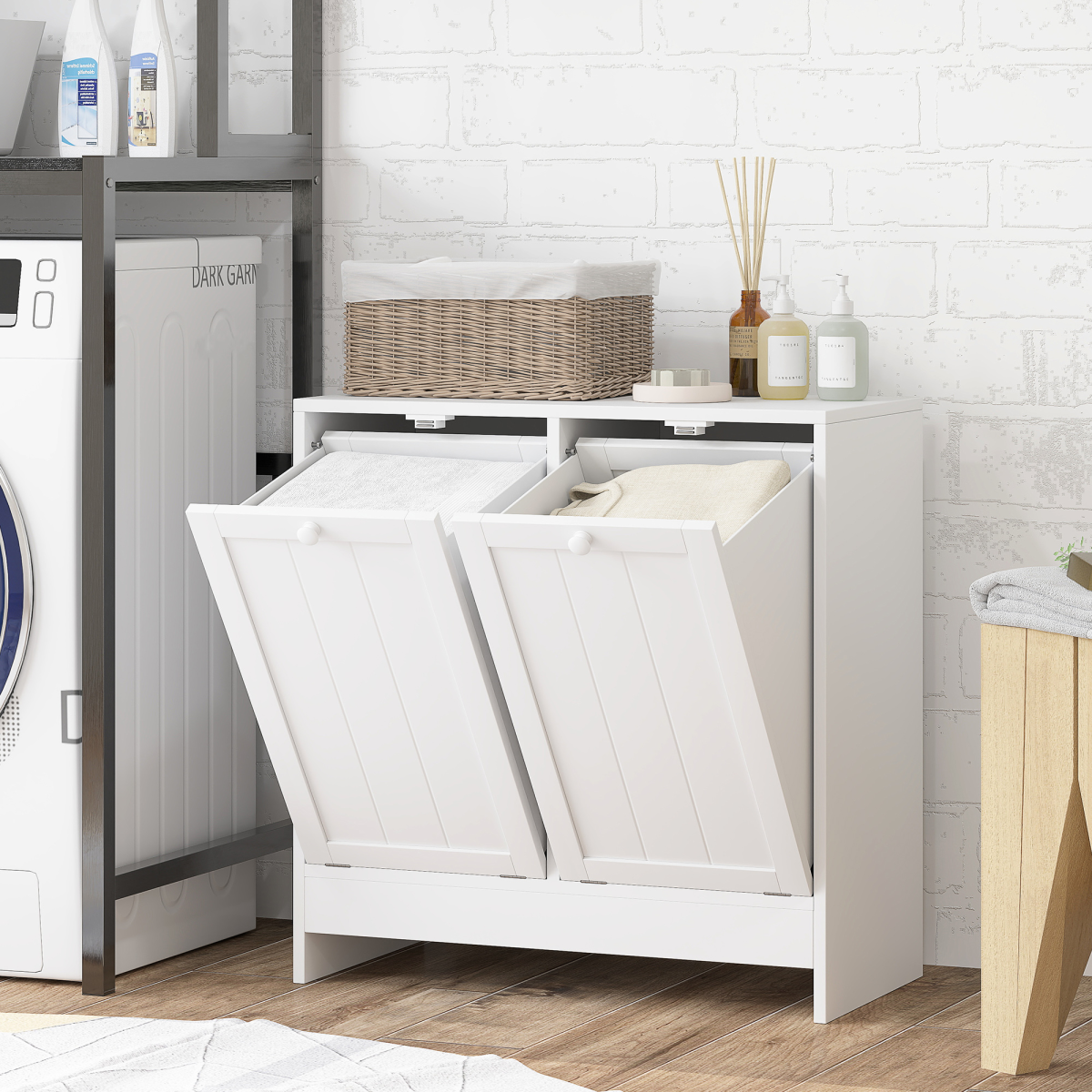 Tilt-Out Laundry Hamper Cabinet with 2 Compartments & Wood Handles – Hidden Laundry Storage, White