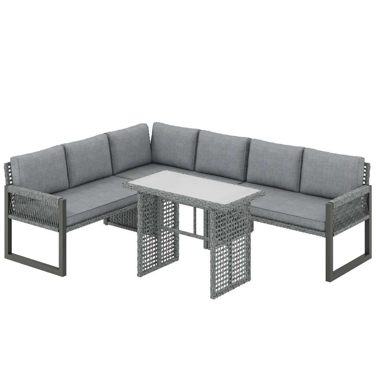 Outsunny 6 Seater Rattan Garden Furniture Set with 3 Loveseats and Glass Table – Modular Corner Sofa, Grey