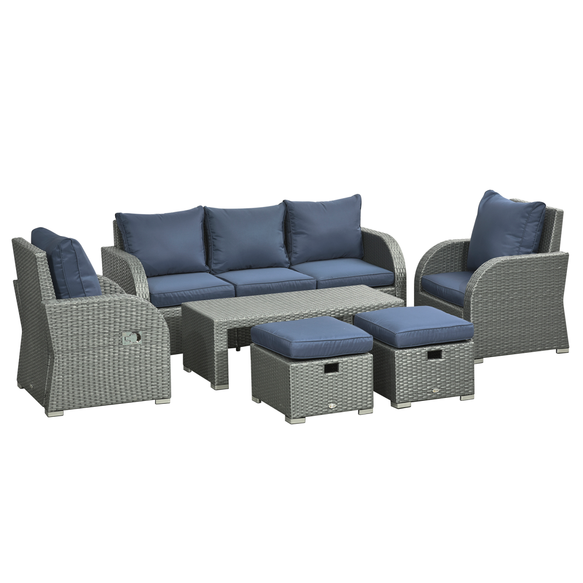 Outsunny 6-Piece Padded Rattan Garden Set with 3-Seater Sofa, 2 Reclining Armchairs, Footstools & Table, Blue
