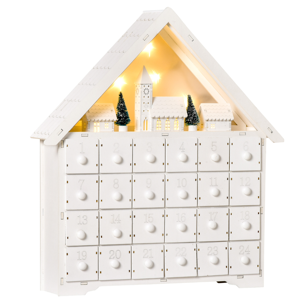 HOMCOM 24-Drawer Wooden Christmas Advent Calendar with LED Lights – Light-Up Countdown, White
