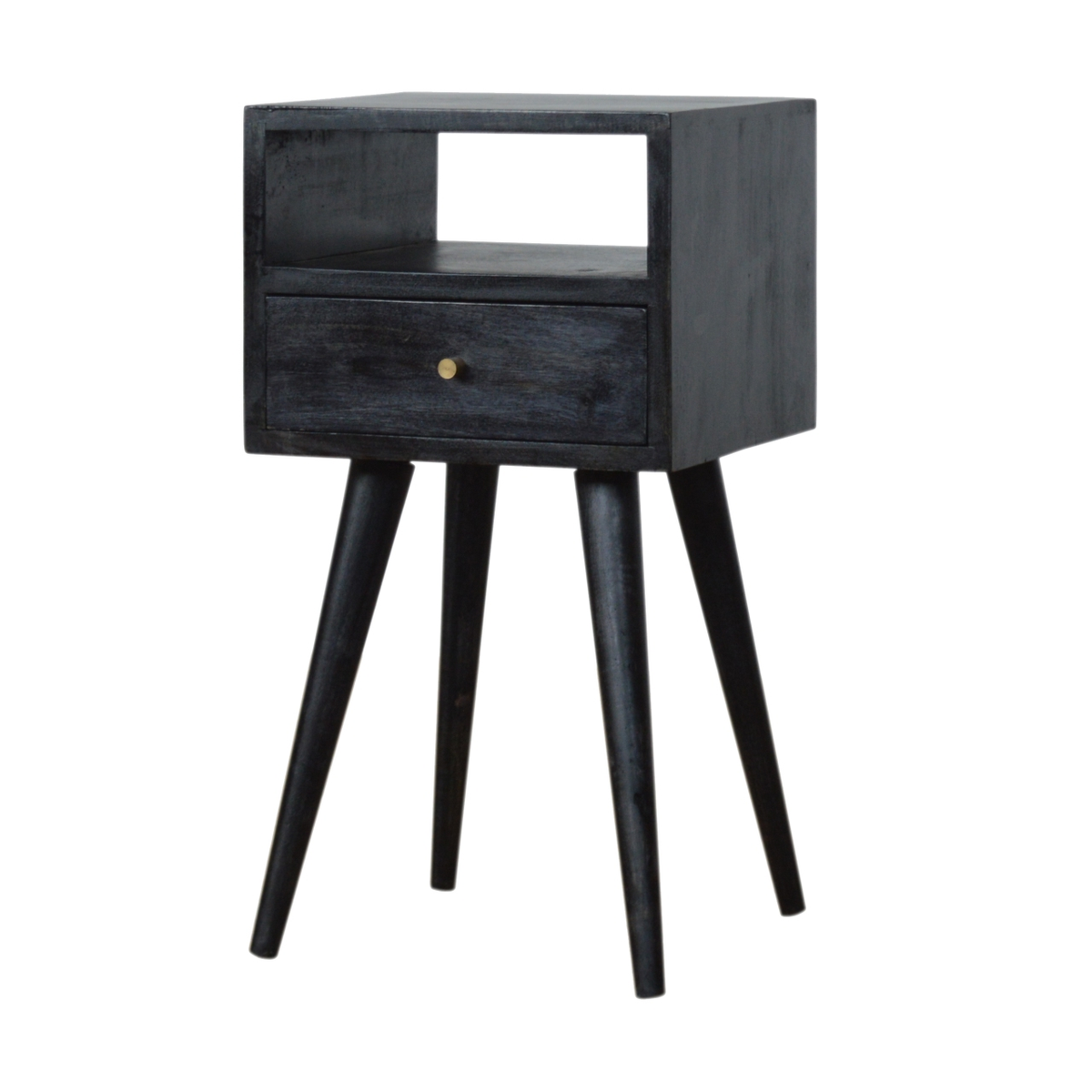 Artisan Furniture Solid Wood Mini Bedside Table with Pull-Out Drawer and Shelf – Nordic Style, Ash Black