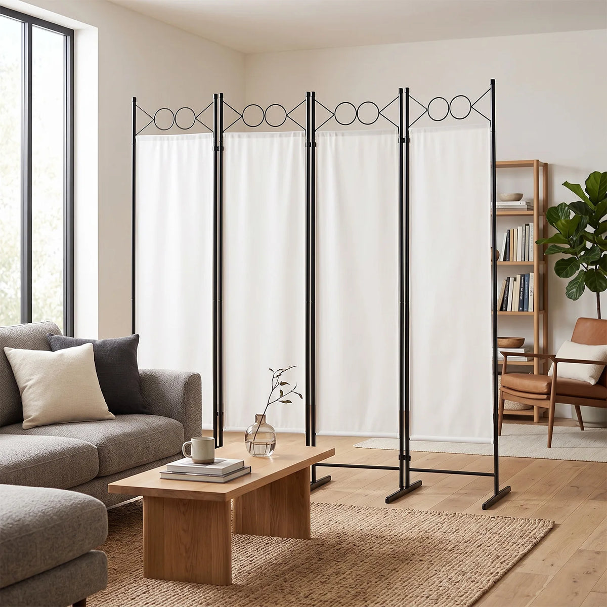 4-Panel Folding Room Divider Screen with Carbon Steel Frame and Polyester Fabric – Freestanding Privacy Screen, Off-White