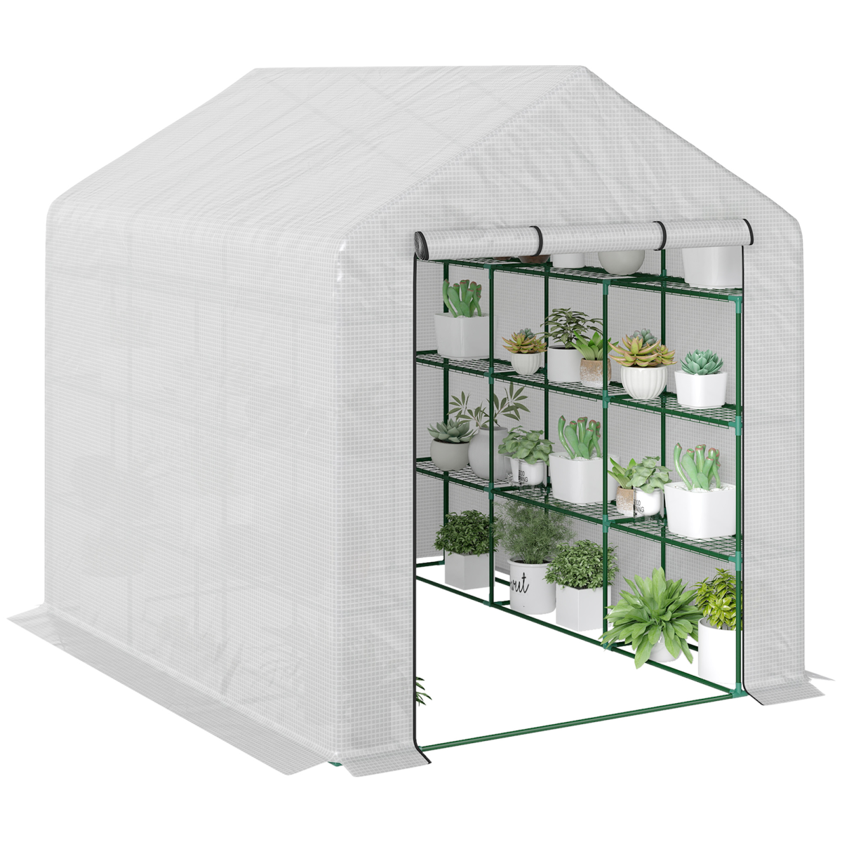 Outsunny Walk-In Greenhouse Polytunnel with Roll-Up Door & 3-Tier Shelves – 244 x 180 cm, Reinforced PE Cover
