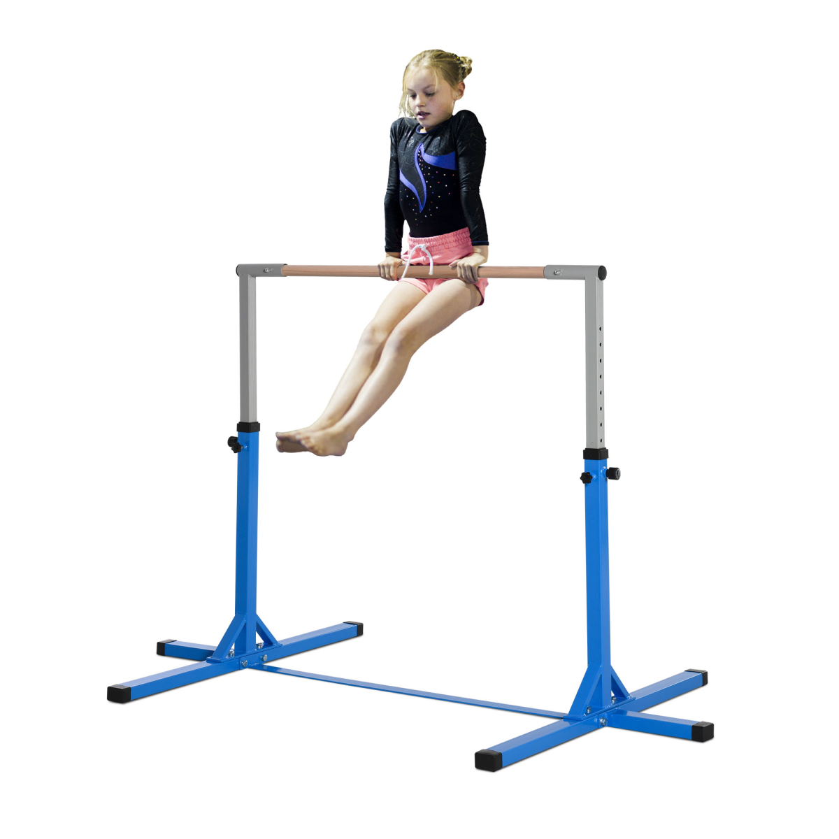 HOMCOM Adjustable Kids Gymnastics Bar with Steel Frame & Beech Wood Bar – Horizontal Training Bar, Blue