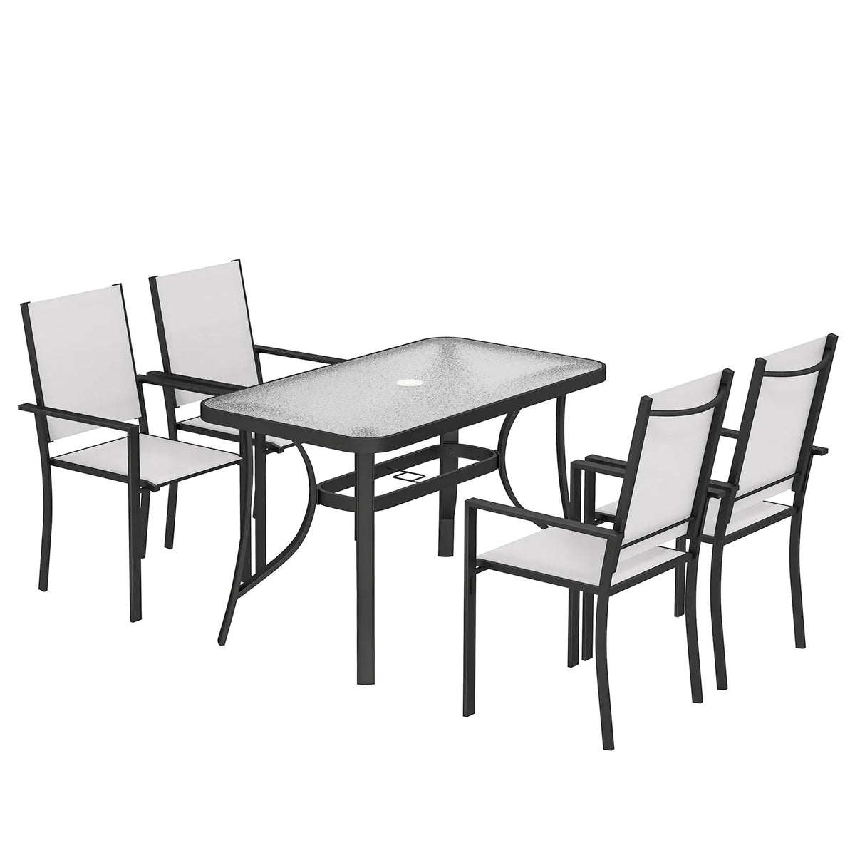 Outsunny 5 Piece Garden Dining Set for 4 – Rectangular Glass-Top Table with Parasol Hole & Stackable Chairs, Light Grey