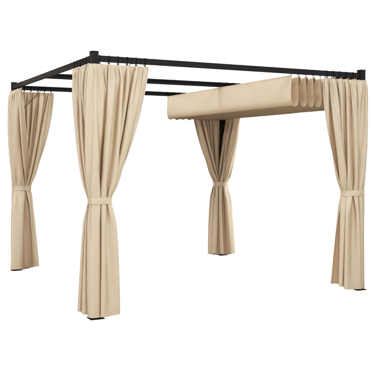 Outsunny 3 x 3m Retractable Pergola with Curtains, PU-Coated Polyester Canopy & Metal Frame – Beige
