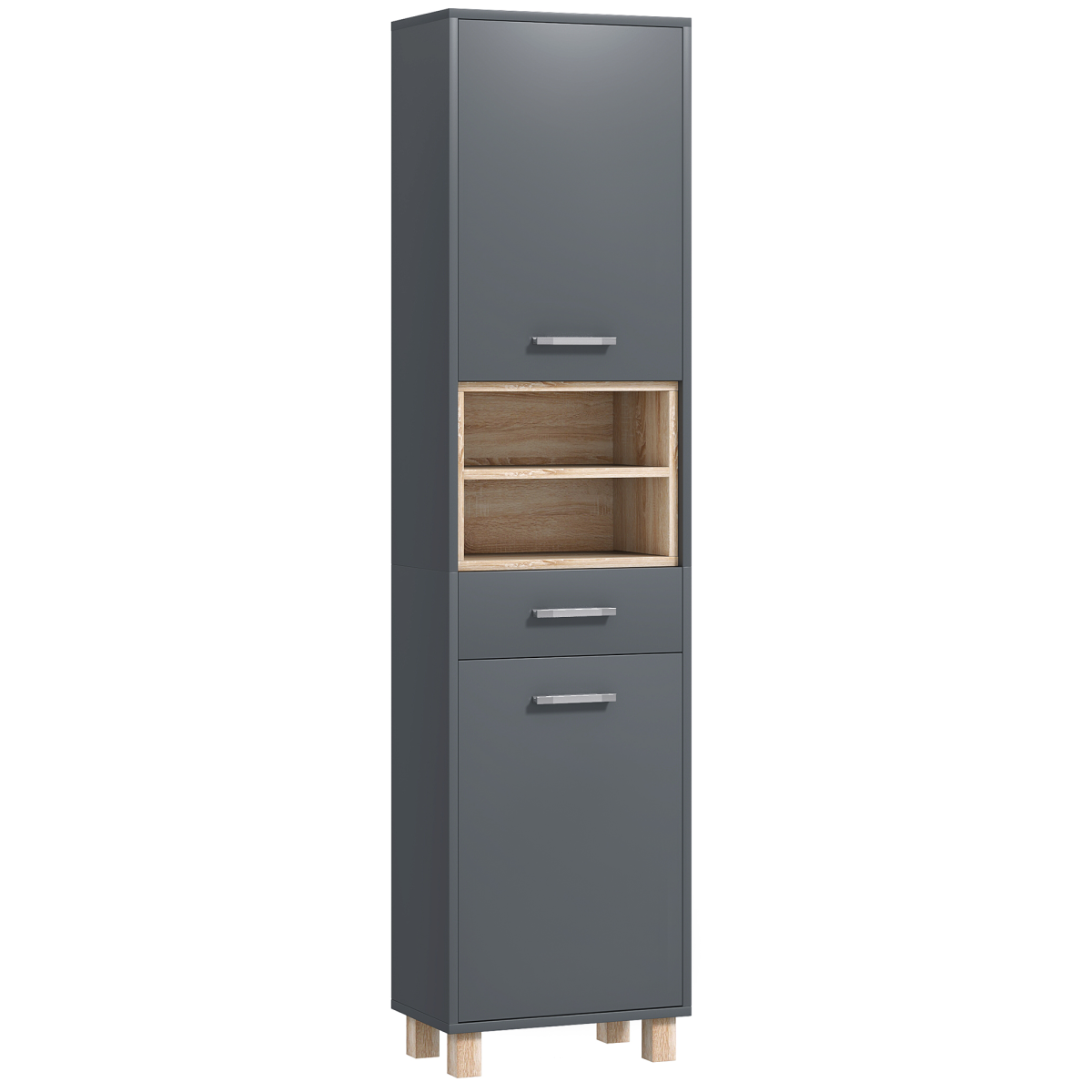 HOMCOM Bathroom Storage Unit with Two Cabinets, Open Shelves & Drawer – Freestanding Tall Cabinet, Grey