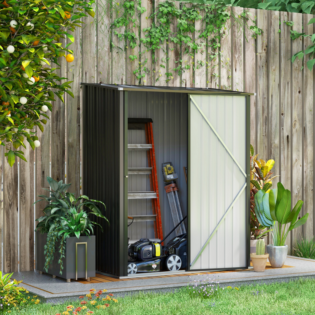 Metal Garden Shed with Lockable Door & Sloped Roof – Galvanised Steel Tool Storage, 161.5 x 94.5cm, Black