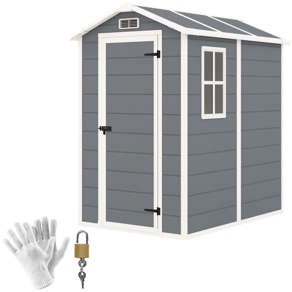 Outsunny Grey Weatherproof Tool Shed with Lock, Floor Panel & Vents – Garden Storage, 131 x 186 x 198cm