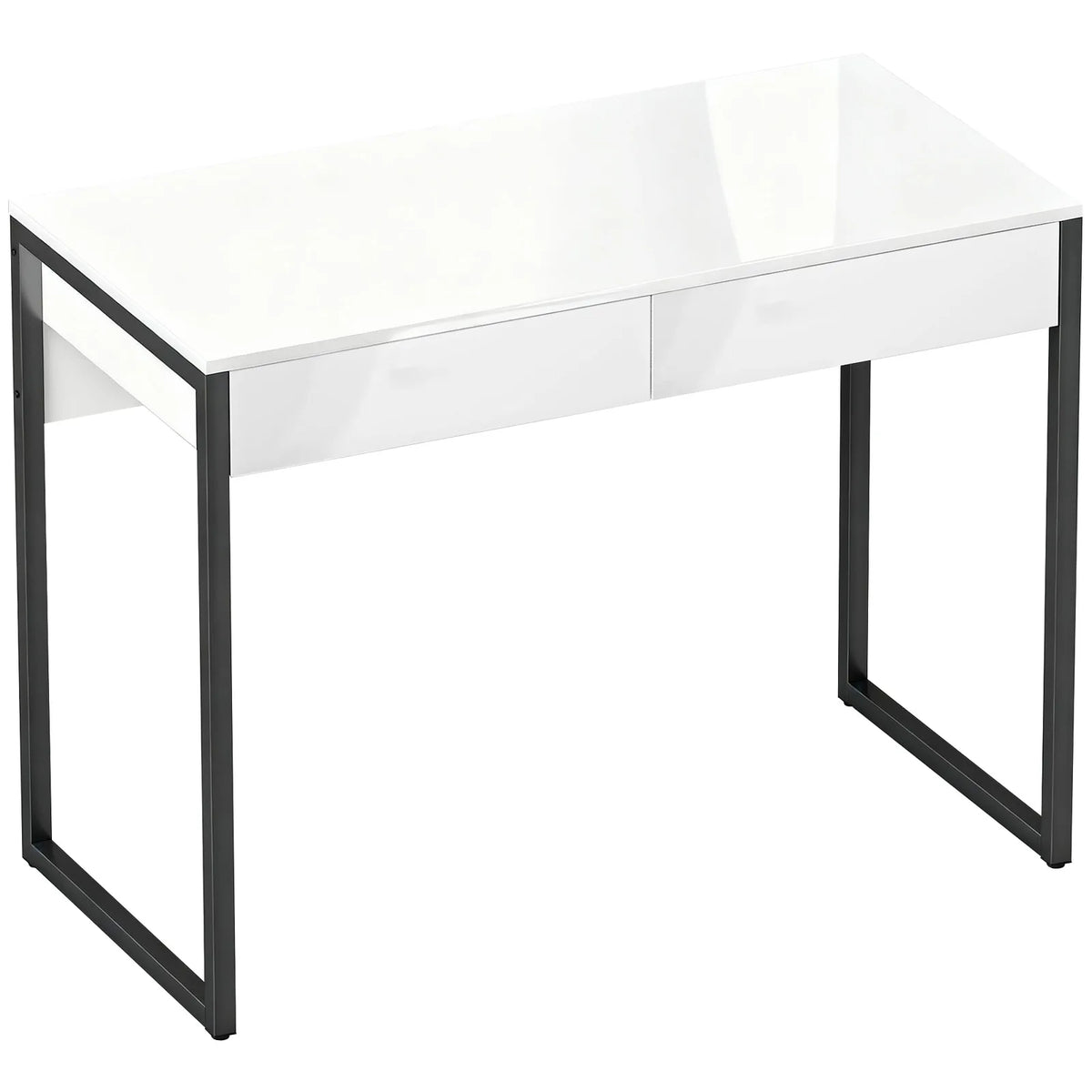 HOMCOM High Gloss Work Table with Two Handleless Drawers and Steel Frame – Home Office Desk, White