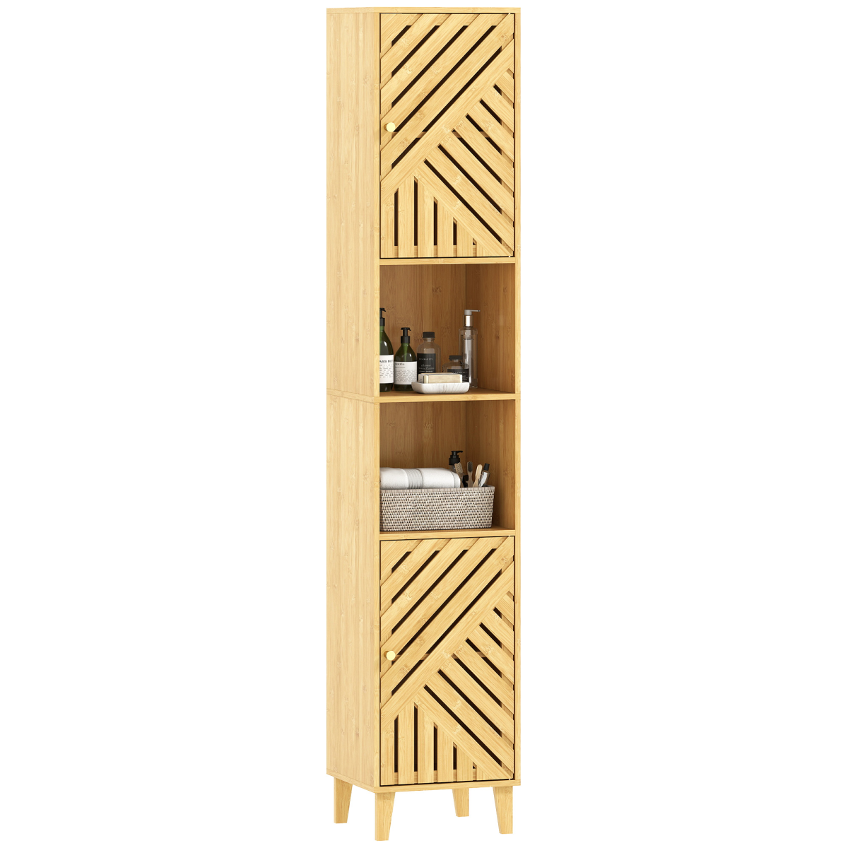 HOMCOM Tall Slim Bathroom Cabinet with Bamboo Doors, Open Compartments & Adjustable Shelves – Storage, Natural