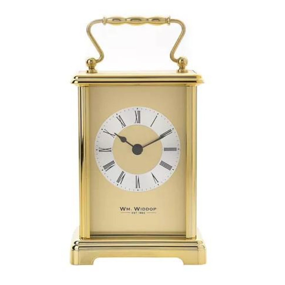 Wm.Widdop Carriage Clock with Two-Tone Gilt Dial, Roman Numerals & Quartz Movement – Gold Finish Mantel Clock