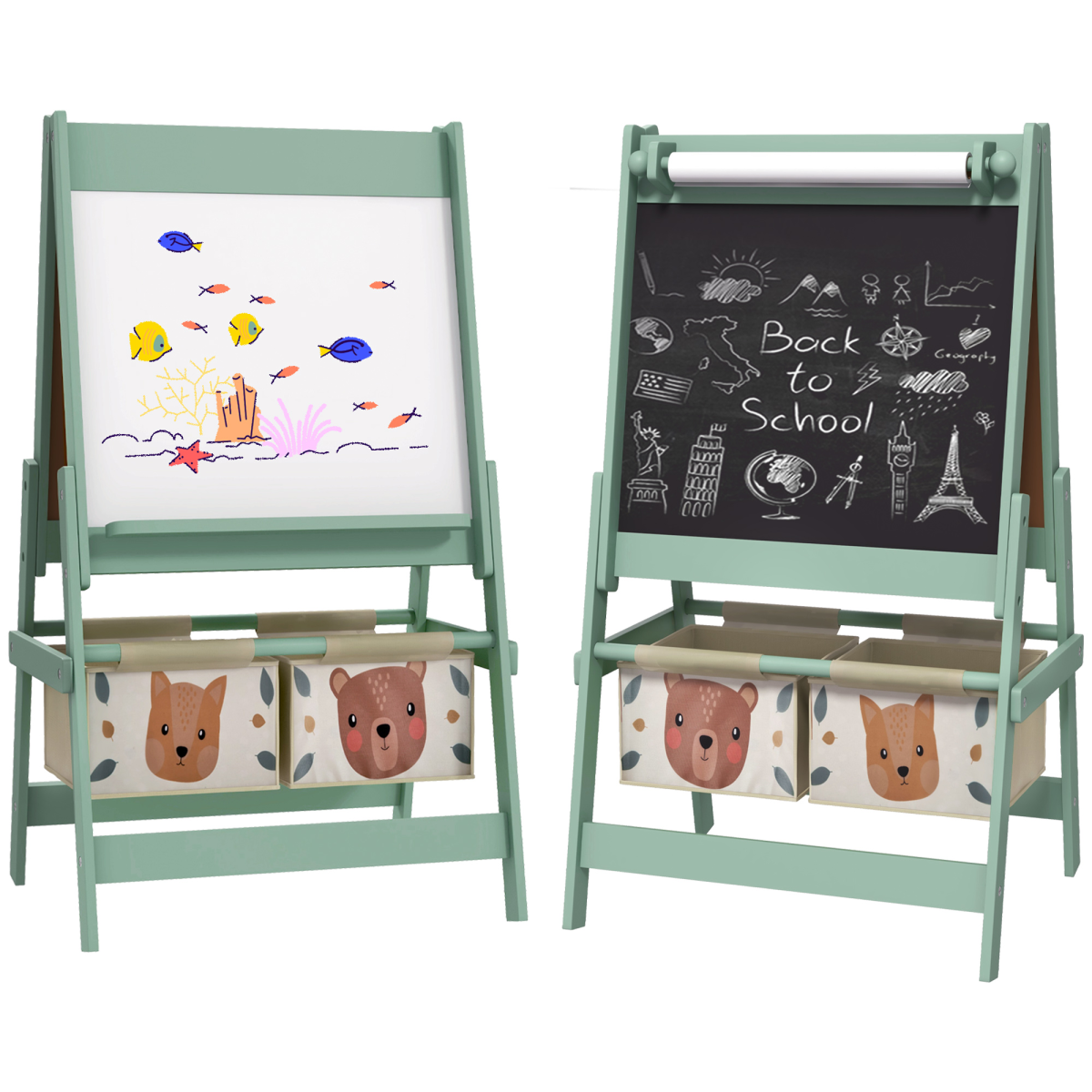 AIYAPLAY Kids Easel with Paper Roll, Blackboard, Whiteboard and Storage Baskets – 3-in-1 Art Easel, Green