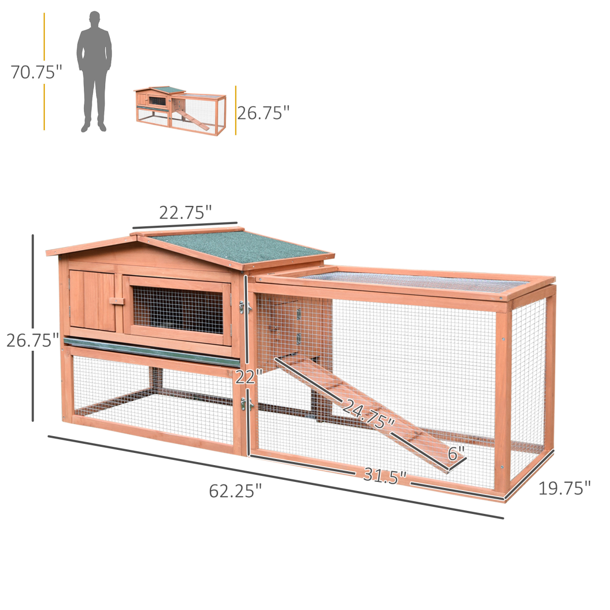 Wooden Rabbit Hutch with Detachable Run, Ramp, Asphalt Roof & Slide-Out Tray – Outdoor Small Animal Cage, Natural