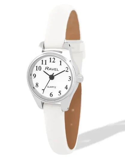 Ravel Ladies Petite Silver-Tone Watch with Clear Numerals and White Leatherette Strap