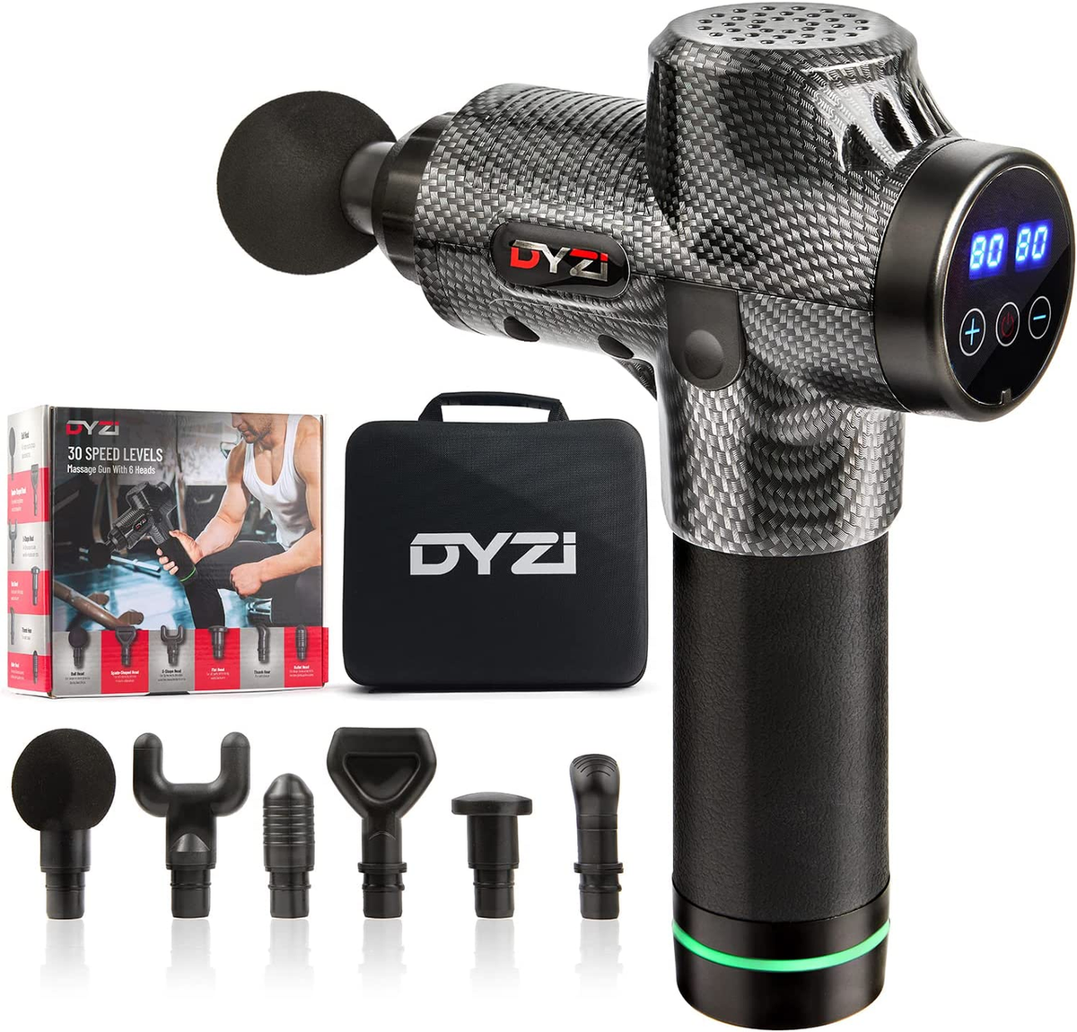 DYZI Handheld Percussion Massage Gun with 6 Heads, LCD Touch Screen & 30 Speeds – Portable Muscle Massager