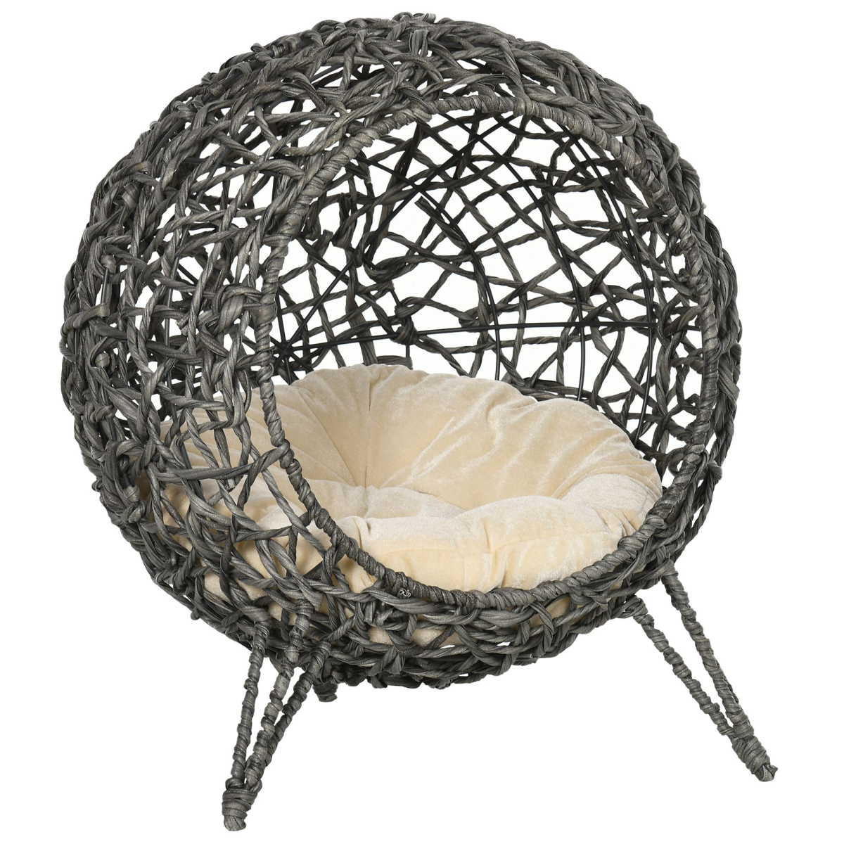 PawHut Elevated Rattan Cat House with Cushion – Kitten Basket Pet Bed with Door, Silver-Tone and Grey