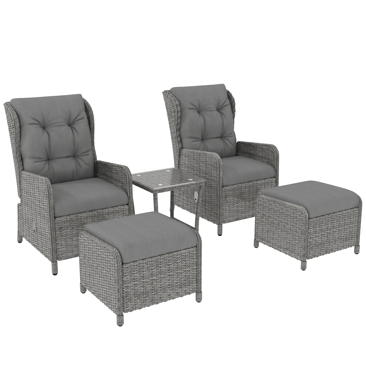Outsunny 5-Piece Rattan Recliner Set with 2 Chairs, 2 Footstools and Glass Table – Garden Lounge, Light Grey