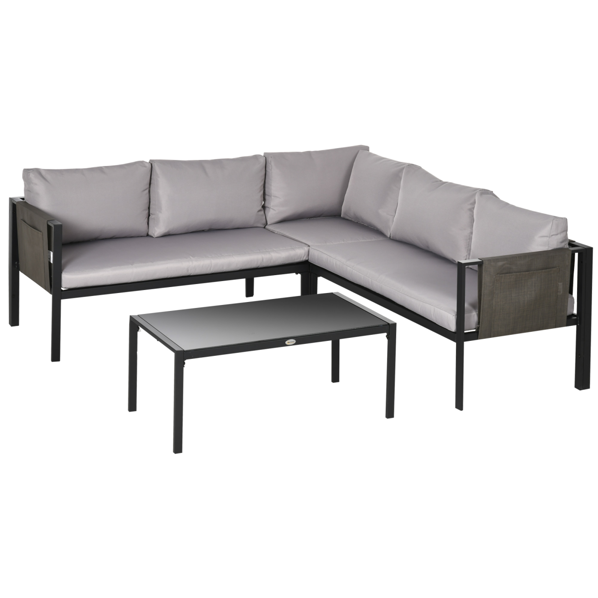 Outsunny 4-Piece Garden Furniture Set with Two Loveseats, Corner Seat & Glass-Top Table – Steel Frame, Light Grey