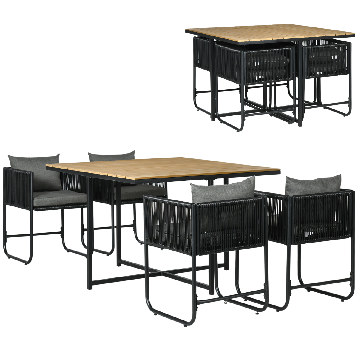 Outsunny 5 Piece Rattan Dining Set with 4 Armchairs & Wood-Effect Table – Space-Saving Cube Garden Furniture