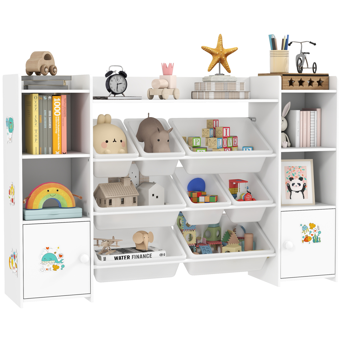 AIYAPLAY Kids Toy Storage Organiser with 8 Removable Bins, Bookcase & Cupboard – White