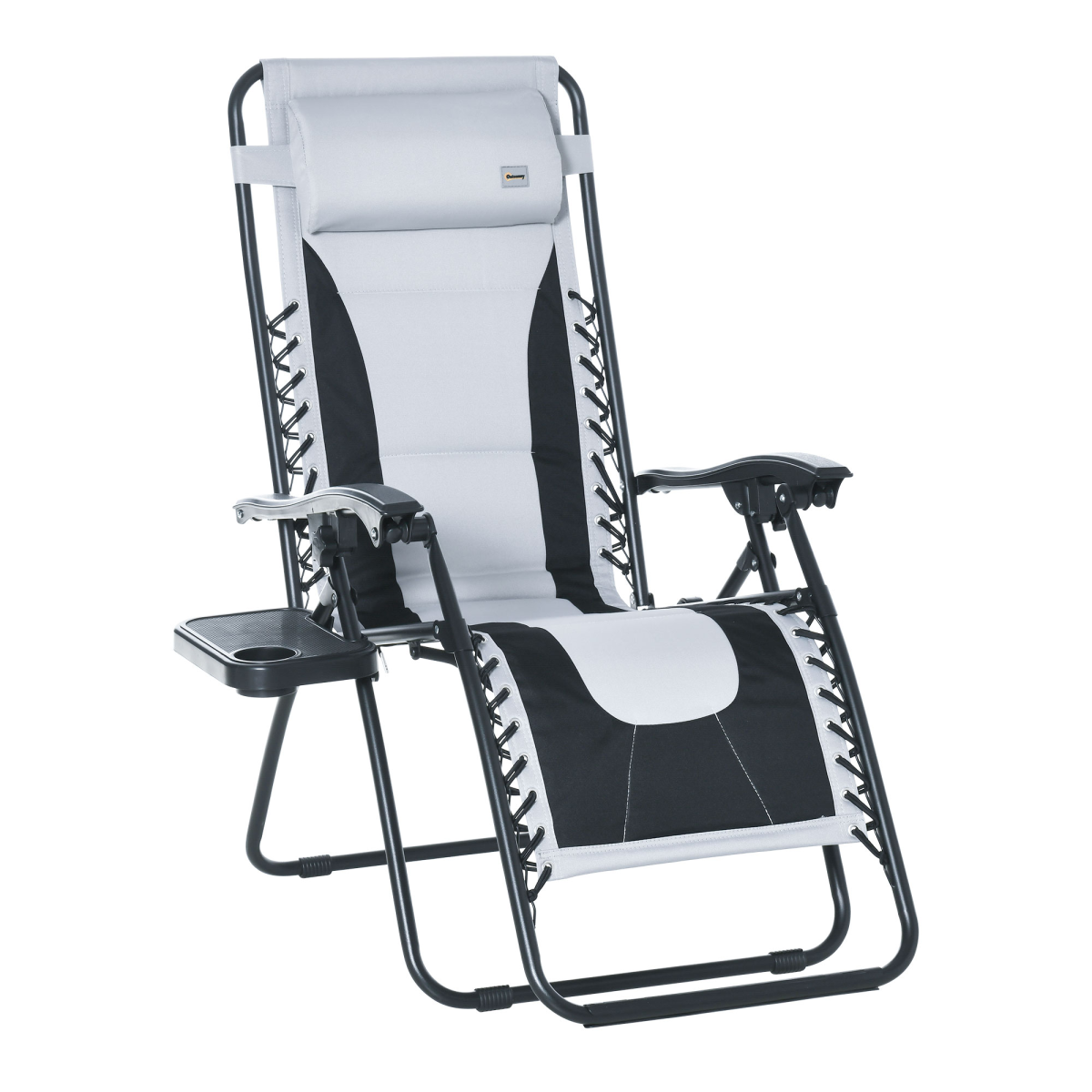 Outsunny Zero Gravity Folding Recliner with Cup Holder Tray & Padded Pillow – Adjustable Lounge Chair, Light Grey