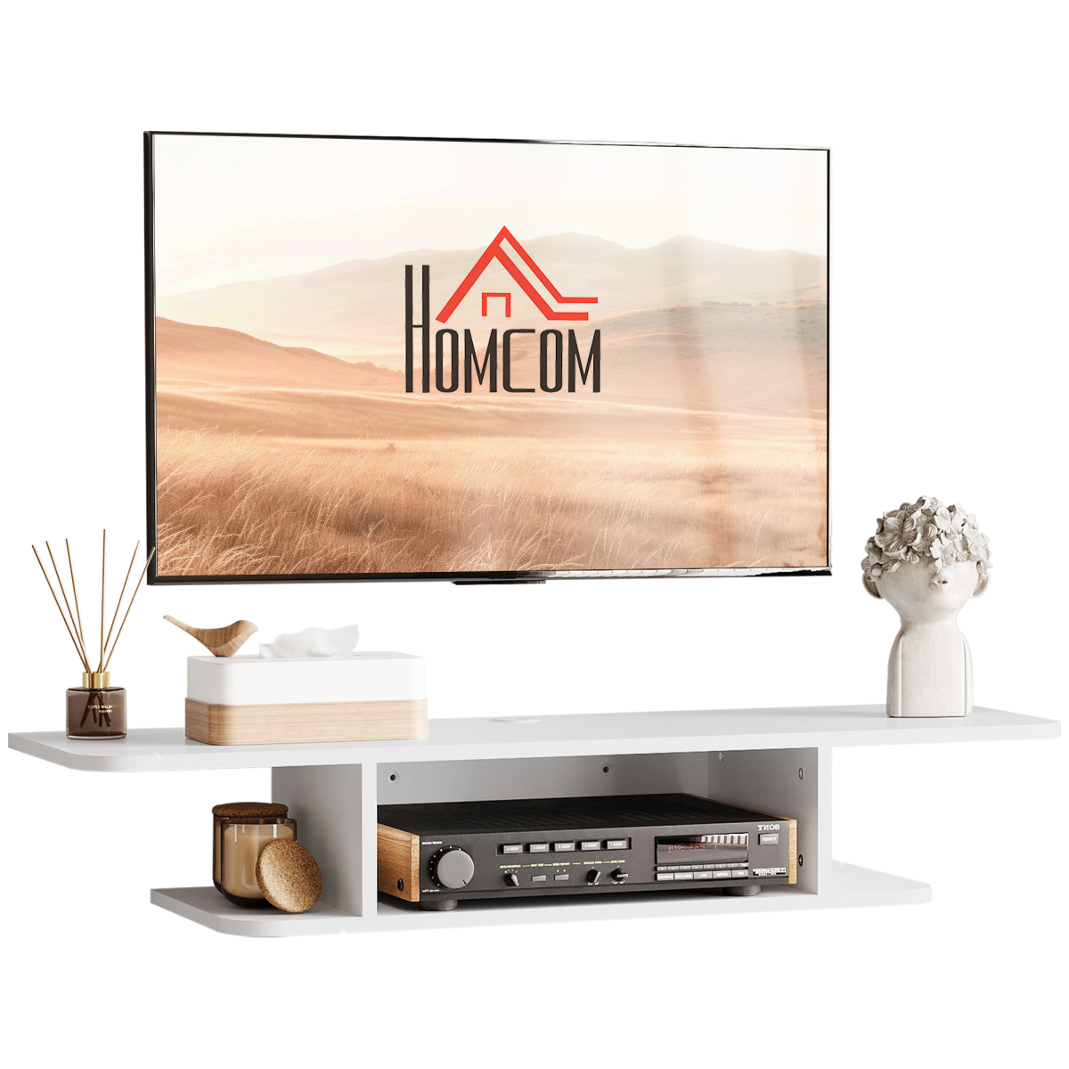 Floating Wall-Mounted TV Unit with Storage Shelves and Cable Management – Media Console, White