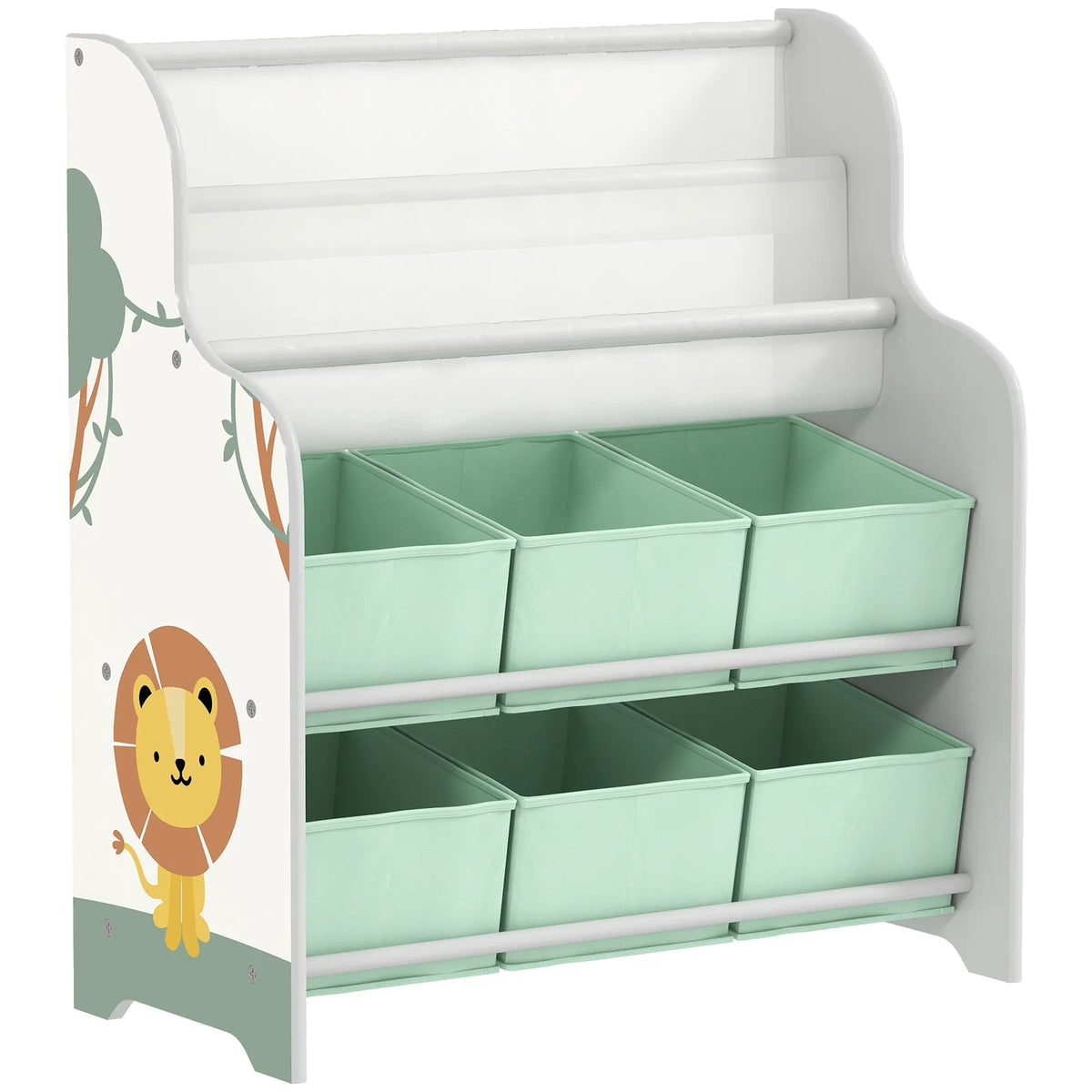 AIYAPLAY Kids Storage Unit with 6 Fabric Drawers and 2-Tier Sling Book Rack – Toy Organiser, Green