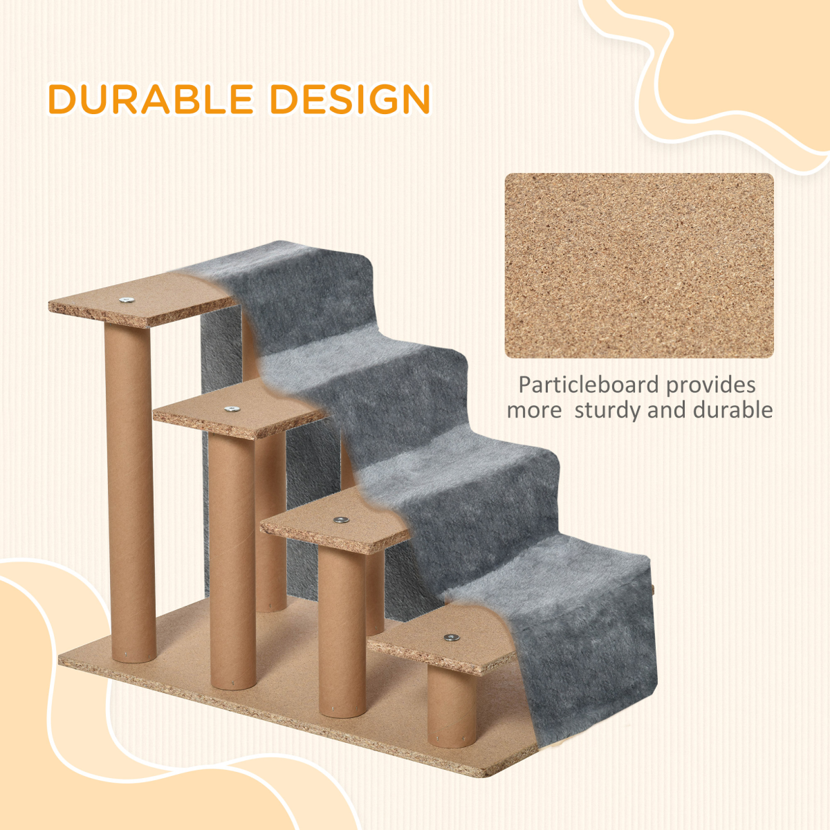 Four-Level Pet Stairs with Soft Flannel Cover – Sturdy Steps for Cats and Small Pets, Light Grey
