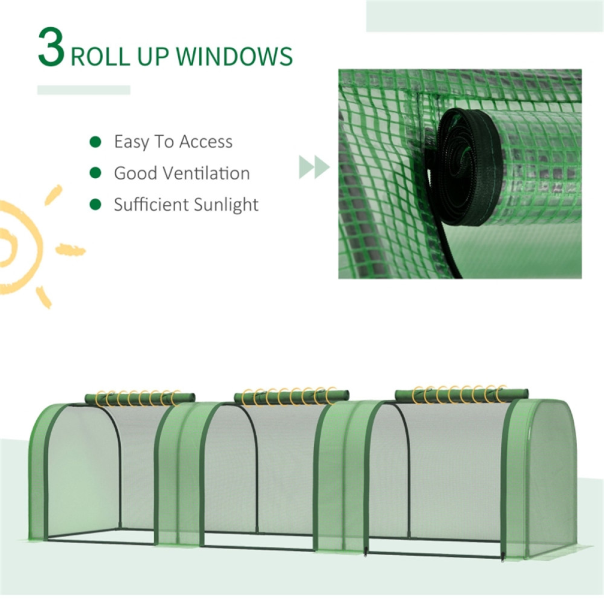 Mini Tunnel Greenhouse with 3 Roll-up Zipped Doors – Steel Frame PE Cover Grow Tunnel, 9.7 x 3.3 x 2.6ft, Green