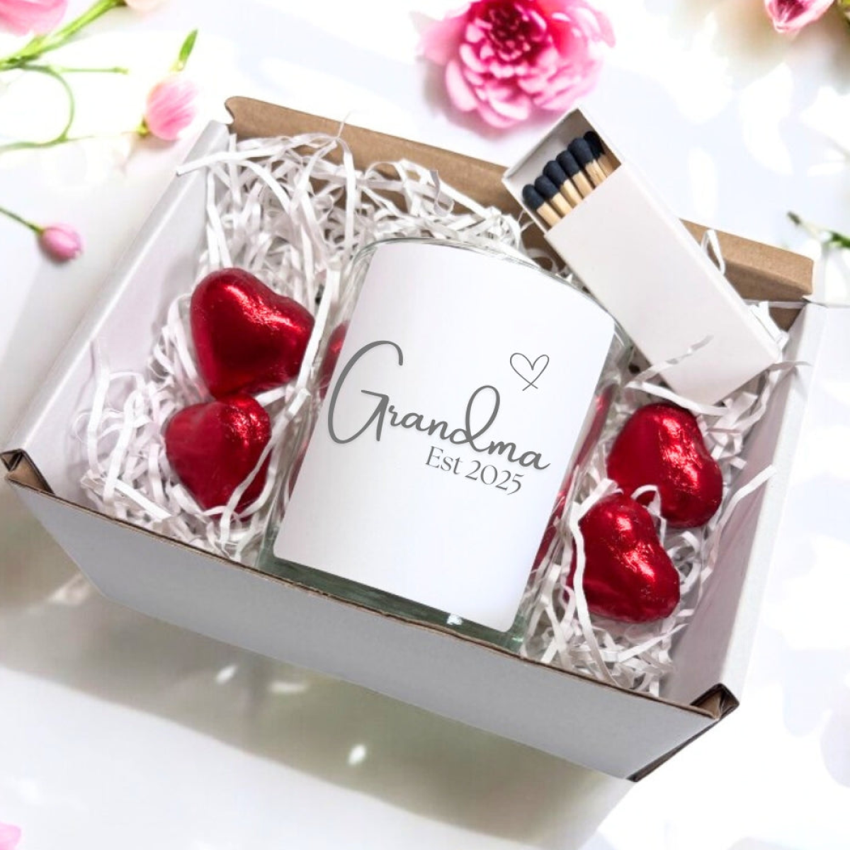 Aye Do Gifts Grandma Est. 2025 Linen Scented Candle Gift Set with Heart Chocolates & Matches